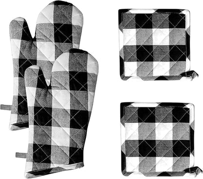 Native Fab Buffalo Plaid Check Oven Mitts and Pot Holders Set of 4, 100% Cotton Heat Resistant Kitchen Gloves, 2 Oven Mitts (7x13), 2 Pot Holders (8x8) for Cooking & Baking, Black White by NativeFab