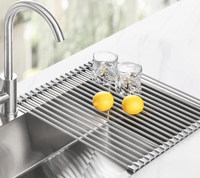 Tomorotec 21" x 15.5" Roll Up Dish Drying Rack Over Sink Drying Rack Sink Cover Kitchen Sink Accessories Gadget Multipurpose Organizer Foldable Stainless Steel Drainer - Image 8
