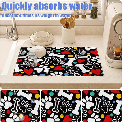 Dog Paw Bone Dish Drying Mat for Kitchen Counter Drying Pad Absorbent Reversible Dish Drainer Rack Mats Draining Pad 18"x24"Inch