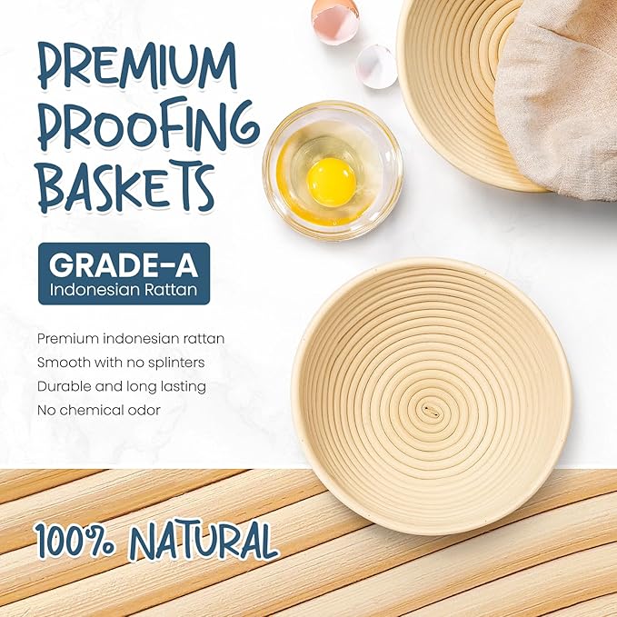 Rorecay Banneton Bread Proofing Baskets Set of 2, 9 Inch Round Cane Sourdough Bread Rising Basket Bowls with Sourdough Bread Making Tools Baking Supplies for Sour Dough Proofing Fermentation - Image 2