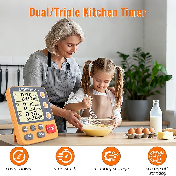 Digital Dual Kitchen Timer, 3 Channels Countdown Triple Timer for Cooking, Magnetic Memory-Preset Large Display Adjustable Alarm Volume, Multi Times Management, 3A Battery Included, Orange - Image 2