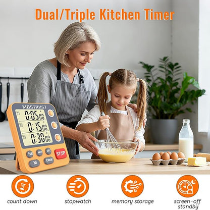 Digital Dual Kitchen Timer, 3 Channels Countdown Triple Timer for Cooking, Magnetic Memory-Preset Large Display Adjustable Alarm Volume, Multi Times Management, 3A Battery Included, Orange - Image 2