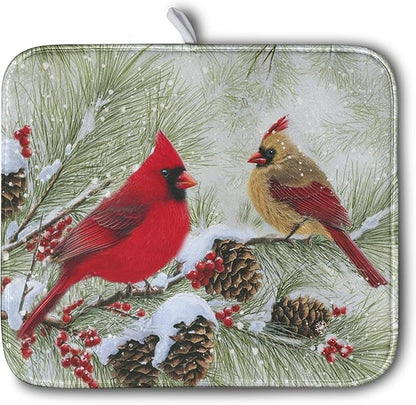 Winter Dish Drying Mat for Kitchen Counter 16x18 Inch Christmas Red Birds Drying Mats Xmas Holiday Microfiber Absorbent Dishes Drainer Mats Cardinal Dish Rack Pad by Kwlegh