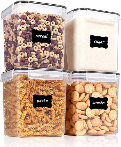 Vtopmart Food Storage Containers 2.5L / 84.5oz, 4 Pieces BPA Free Plastic Airtight Canister for Flour, Sugar, Baking Supplies, with 4 Measuring Cups and 24 Labels, Black by Vtopmart