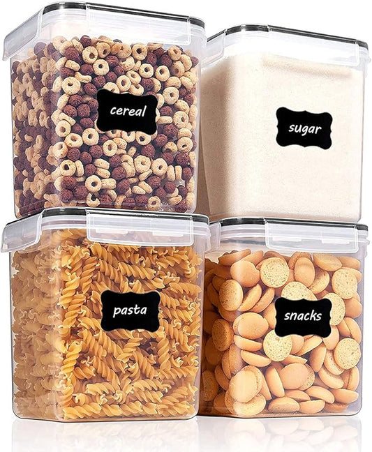 Vtopmart Food Storage Containers 2.5L / 84.5oz, 4 Pieces BPA Free Plastic Airtight Canister for Flour, Sugar, Baking Supplies, with 4 Measuring Cups and 24 Labels, Black by Vtopmart