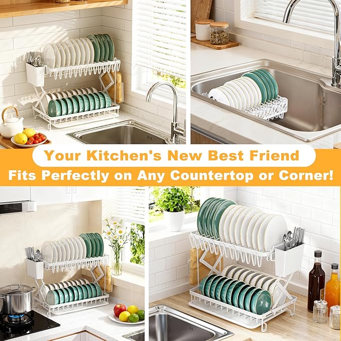 2-Tier Dish Racks for Kitchen Counter, Large Dish Drainers for Kitchens Counter Stainless Steel Kitchen Dishes Drying Rack, Space Saving Dishes Strainer for Bowl, Plate, Cup - Modern Counter Organizer - Image 8