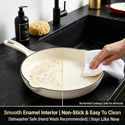 Nonstick Enameled Cast Iron Cookware Set - 8 Piece Pots and Pans with Lid, Frying Pan, Skillet, Dutch Oven Set for All Stovetops, Ideal for Sourdough Bread Baking, Comes with Organizer, Cream White