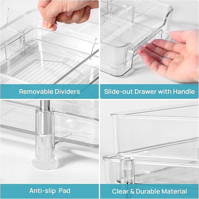 Vtopmart 4 Pack 2 Tier Bathroom Under Sink Organizers and Storage, Clear Kitchen Pantry Organization, Pull Out Medicine Cabinet Organizer with Movable Dividers - Image 3