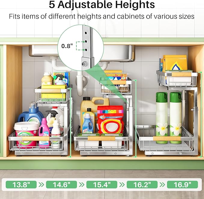 Kitstorack Under Sink Organizer, 2 Tier Under the Sink Storage, Slide out Pull out Cabinet Organizer Shelf, Metal Sliding Drawer for Kitchen Bathroom Pantry Closet Organization Rack, Silver, 1 Pack - Image 6