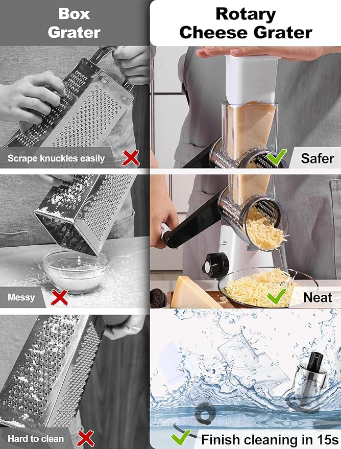 Cheese Grater Rotary, Rotary Grater for Kitchen, Kitchen Grater Vegetable Slicer with 3 Drum Blades, Fast Cutting Cheese Shredder for Vegetables and Nuts - Image 5