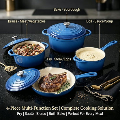 QuliMetal Enameled Cast Iron Cookware Set, 4-Piece Pots and Pans Set with Lids, 10.25" Skillet, 2QT Saucepan, 2.8QT & 4.8QT Dutch Ovens, Oven Safe to 500°F, All Stovetops Compatible - Cobalt Blue