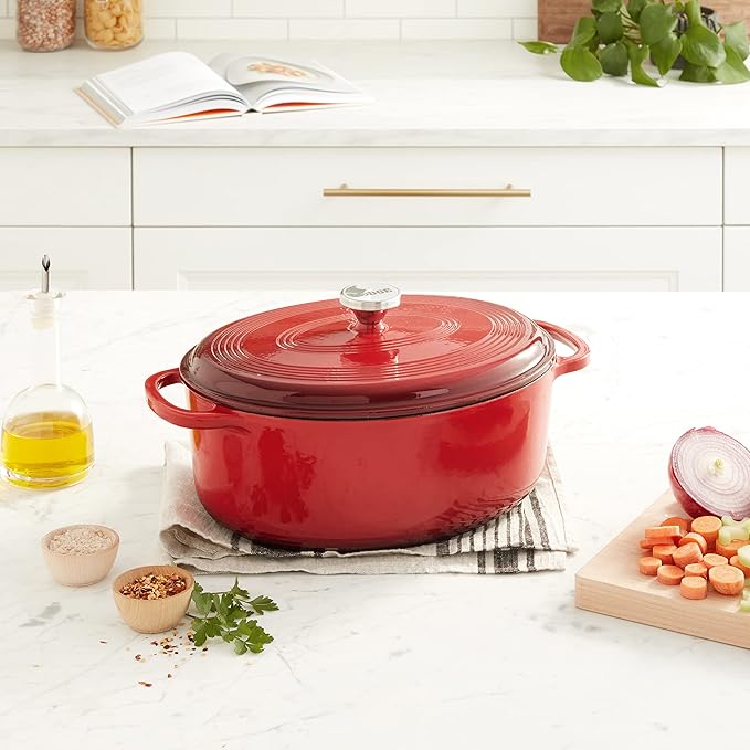 Lodge 7 Quart Enameled Cast Iron Oval Dutch Oven with Lid – Dual Handles – Oven Safe up to 500° F or on Stovetop - Use to Marinate, Cook, Bake, Refrigerate and Serve – Red - Image 7