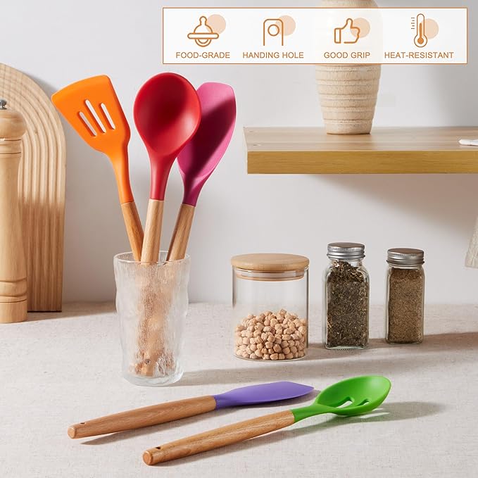 E-far Silicone Cooking Utensils Set, 5-Piece Kitchen Utensils Set with Wooden Handle for Cooking, Silicone Kitchen Nonstick Tools Spatula Turner Slotted Spoons, Nontoxic & Heat Resistant-Colorful - Image 5