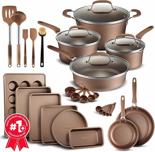 Pots and Pans Set, 23-Piece Non Stick Cookware & Bakeware Sets with Plaid Pattern, Stackable Design, Dishwasher Safe, Stain-resistant, Oven & All-Stove Safe, Tempered Glass Lid, Golden by Unknown