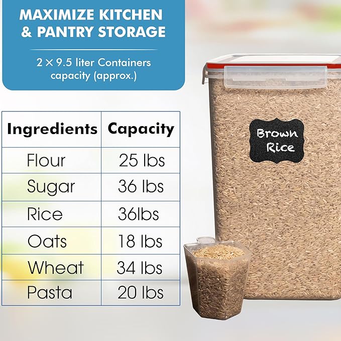 Shazo 2 PC (9.5L | 321 Oz) Extra Large Bulk Food Storage Containers with Airtight Lids for Flour, Sugar, Rice, Cereal & Pasta - Leakproof, BPA-Free Plastic Canisters for Kitchen & Pantry Organization - Image 2