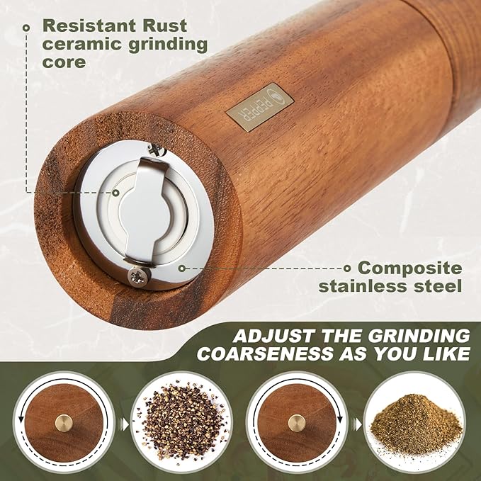 Wooden Salt and Pepper Grinder Set 10 Inch Manual Salt and Pepper Mill with Tray Adjustable Coarseness Refillable Wood Grinders with Gold Bottle Label for Kitchen(Wood Color) - Image 4