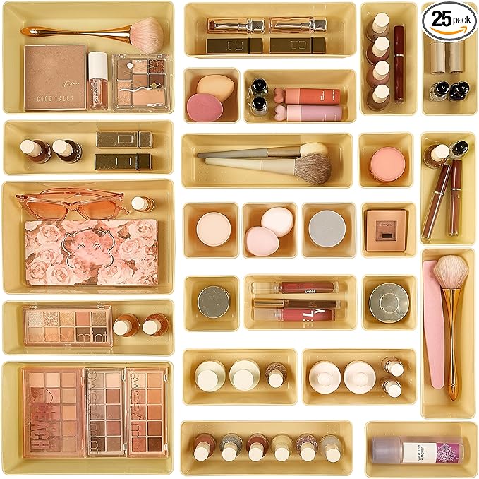 Vtopmart 25 PCS Plastic Drawer Organizers Set, 4-Size Versatile Bathroom and Vanity Drawer Organizer Trays, Storage Bins for Makeup, Bedroom, Kitchen Gadgets Utensils and Office by Vtopmart