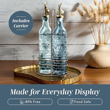 COOK WITH COLOR Glass Olive Oil Bottle Dispenser - 2 Pack- 17oz Oil and Vinegar Cruet - Olive Oil Carafe Decanter for Kitchen, Checkered, Blue - Image 6