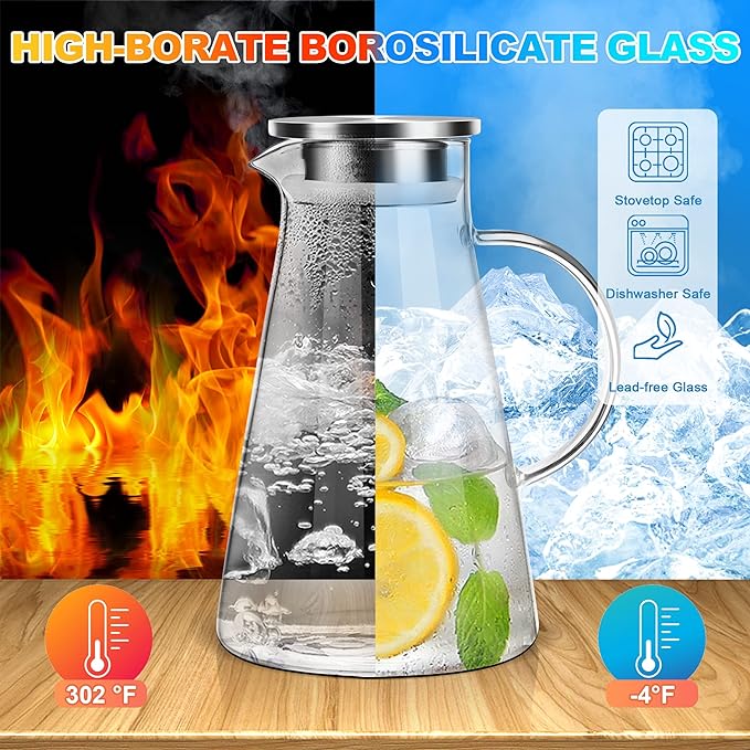 SUSTEAS 2.0 Liter 68oz Glass Pitcher with Lid, Easy Clean Heat Resistant Glass Water Carafe with Handle for Hot/Cold Beverages - Water, Cold Brew, Iced Tea & Juice, With 1 Long-Handled Brush Included - Image 2