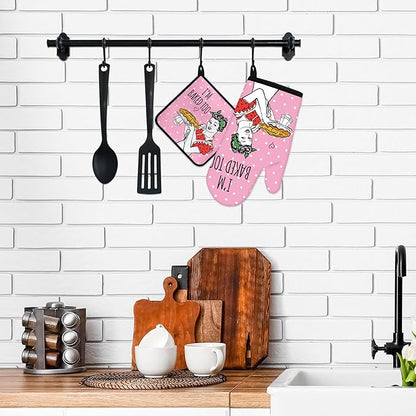 Funny Oven Mitts and Pot Holders Sets Pink Kitchen Accessories Cute Kitchen Decor Funny House Warming Gifts Heat Resistant Cooking Baking Gifts for Women (Pink, Oven Mitts & Pot Holders)