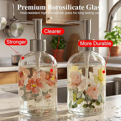 17oz Glass Soap Dispenser with Plastic Pump, 2 Pack Refillable Kitchen Soap Dispenser for Dish Soap, Soap Dispenser Bathroom for Hand Soap, Lotion, Body Wash(Flower)