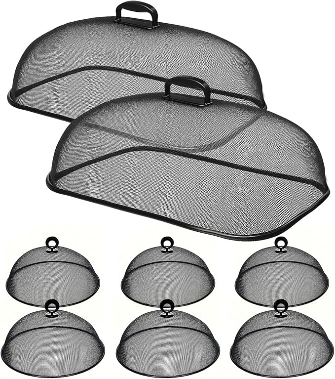 8 Pack Metal Mesh Screen Food Covers, 2 Large (18.5”) and 6 Small (11”) Sets, Reusable Metal Mesh Food Covers for Outdoors, Camping, Picnics and Parties