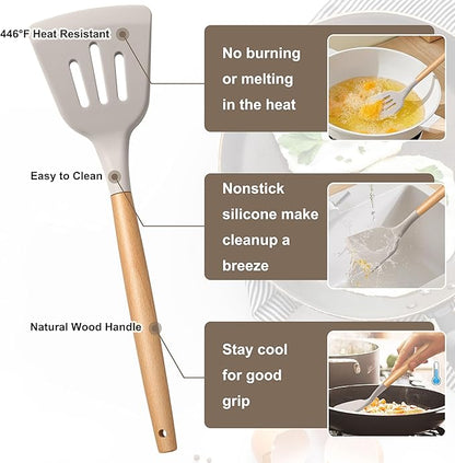 E-far Silicone Cooking Utensils Set, 5-Piece Kitchen Utensils Set with Wooden Handle for Cooking, Silicone Kitchen Nonstick Tools Spatula Turner Slotted Spoons, Nontoxic & Heat Resistant-Khaki - Image 3