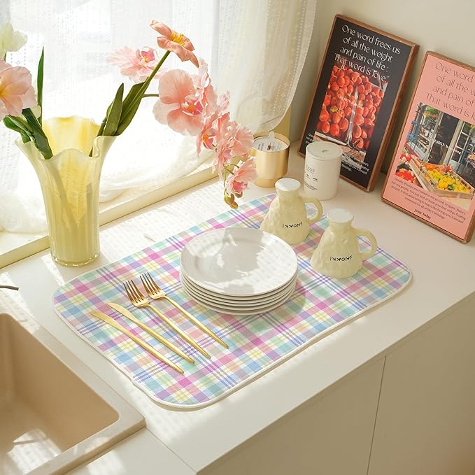 Spring Dish Drying Mat 18x24 Inches For Kitchen Counter Absorbent Easter Colorful Plaid Kitchen Decoration Pink Green Drying Mat Pad For Home Kitchen,Dining Room,Office Decor