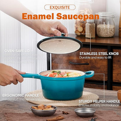 Homikit Cast Iron Sauce Pan, 1 Quart Enameled Cast Iron Saucepan with Lid for All Cooktops, Small Pot Mini Dutch Oven for Kitchen Cooking, Boiling, Nonstick & Heavy Duty, Teal Ombre