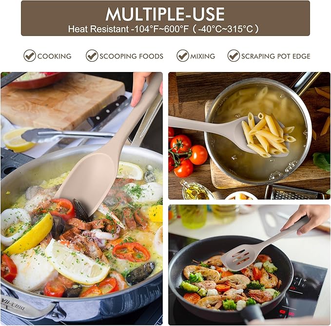 HOTEC Heat Resistant Silicone Cooking Spoon Spatula, Large Kitchen Solid and Slotted Spoons for Mixing, Serving, Scraping, Non-stick, Dishwasher Safe Khaki 12.5inch - Image 5