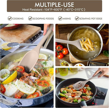 HOTEC Heat Resistant Silicone Cooking Spoon Spatula, Large Kitchen Solid and Slotted Spoons for Mixing, Serving, Scraping, Non-stick, Dishwasher Safe Khaki 12.5inch - Image 5