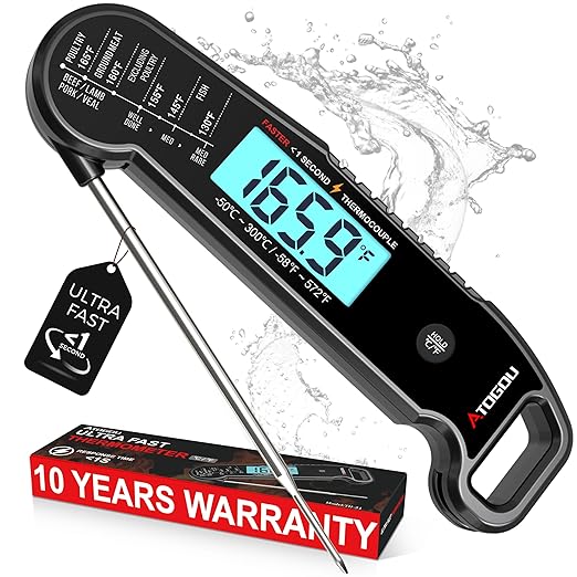 Atogou Meat Thermometer, Professional Food Thermometer, <1 Sec Instant Read, ±0.5℉ Accuracy, Thermocouple Sensor, Waterproof Digital Thermometer for Cooking, BBQ, Grill, Him Dad Birthday Gifts, Black by ATOGOU