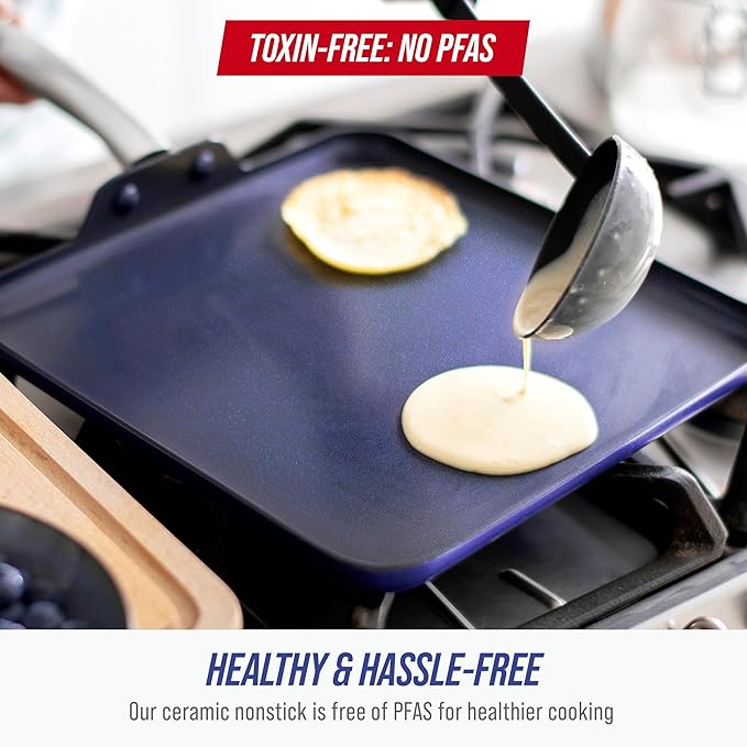 Blue Diamond 11" Nonstick Square Griddle Pan, Non Toxic PFAS-Free Diamond Ceramic, Dishwasher & Oven Safe, Even Heating, Metal Utensil Safe, Warp Control, Blue - Image 3