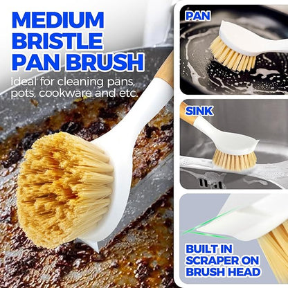 Holikme 3 Pack Dish Brush Set with Bamboo Handle, Kitchen Brushes for Cleaning Pot, Sink and Stove, Skillet Scrubber with Tough Bristles for Cast Iron Grill Pan, Yellow White Black - Image 4