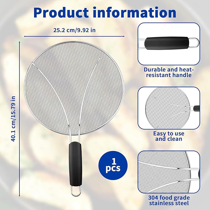 Splatter Screen for Frying Pan - 10’’ Stainless Steel Grease Splatter Guard with Grip Handle- Ultra Fine Mesh Cover Oil Splash when Sizzling Bacon, Cooking Fried Chicken or Popcorn - Image 2