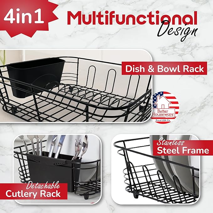Better Houseware in Sink Dish Drying Rack, Dish Drying Rack in Sink with Non-Slip Handles, Stainless Steel Space-Saving Design, 2-Piece Set with Utensil Holder, 14.5 x 13 x 5 Inch, Black - Image 4