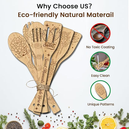 CUTHOLLOW 6PCS Succulents Potted Wooden Kitchen Cooking Utensil Set, 11.9in Non Toxic Bamboo Wood Spoon Set for Cooking, Best Housewarming Birthday Thanksgiving Christmas Gift for Women Mother