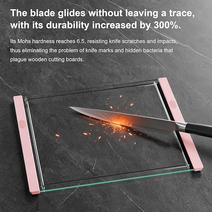 Tempered Glass Cutting Board Set for Kitchen Counter - Dishwasher Safe with Juice Grooves, Non-Slip Silicone Edges & Beveled Grip - 16"x12" & 12"x8" Serving Tray - Pink