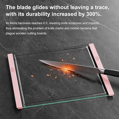 Tempered Glass Cutting Board Set for Kitchen Counter - Dishwasher Safe with Juice Grooves, Non-Slip Silicone Edges & Beveled Grip - 16"x12" & 12"x8" Serving Tray - Pink