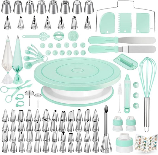 Kootek 158PCs Cake Decorating Kit, Baking Supplies Tools - Includes Cake Stand Turntable, 64 Icing Piping Tips Set, 2 Frosting Spatulas, 3 Scrapers, 50+2 Pastry Bags, Coupler, Video Tutorial, Booklet by Kootek