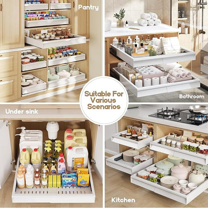 Seinloes 4 Pack Pull Out Cabinet Organizer With Raising Pad for Framed Cabinets,Expandable Width (13"-21") and Depth (17"-24"),3 Slide Rails Slide Out Drawers with Handle,No-Drill Roll Out Shelf,White - Image 7
