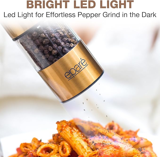 Eparé Brass Salt and Pepper Mill - Battery Operated Gold Pepper Grinder with Ceramic Burr - Automatic Steel Peppermills With LED Light - Gold or Brass Color - Image 6