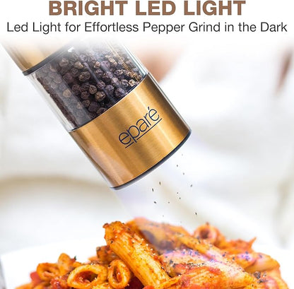 Eparé Brass Salt and Pepper Mill - Battery Operated Gold Pepper Grinder with Ceramic Burr - Automatic Steel Peppermills With LED Light - Gold or Brass Color - Image 6