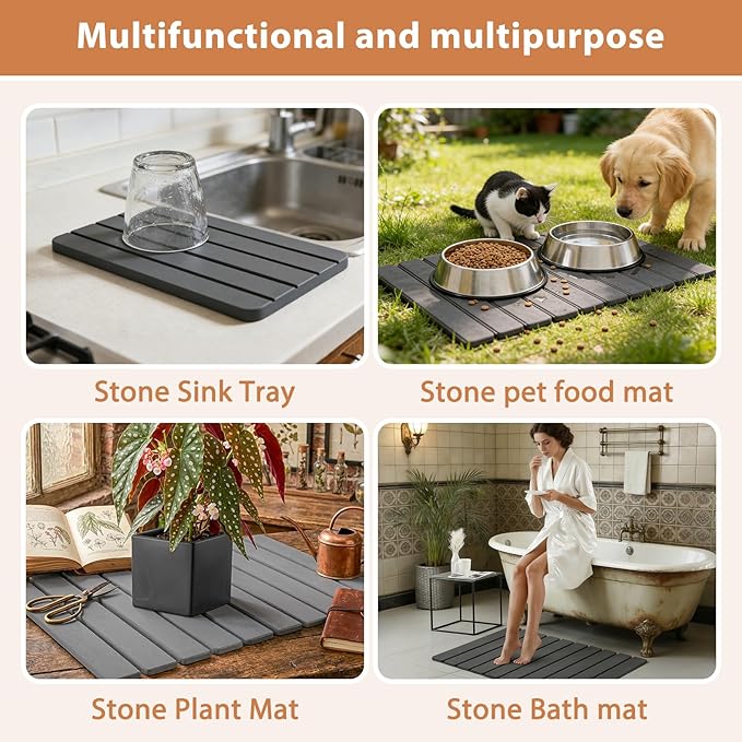 Large Stone Dish Drying Mat for Kitchen Counter, 2 PCS Quick Dry Diatomaceous Earth Dish Mat Set – Foldable Water Absorbing Kitchen Gadgets & Gifts, Home Essentials(Gray Ink 24"×16" & 8"x4") - Image 6