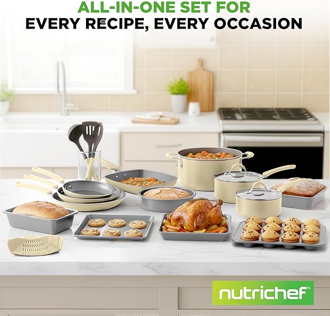 NutriChef 20-Piece Non-Stick Bakeware and Cookware Set - Utensils Including Pots and Baking Pans Made with Durable Aluminum, Tempered Glass Lids, Heat-Resistant Utensils, Easy-Clean Design (White) - Image 8