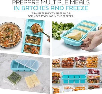 XOMOO Silicone Freezer Tray With Lid - Soup Freezer Container molds - Large Ice Cube Tray- makes 8 perfect 1 cup portions cubes, 2-Pack Freezer Storage Food Soups & Meal Prep - Oven & Dishwasher -Safe