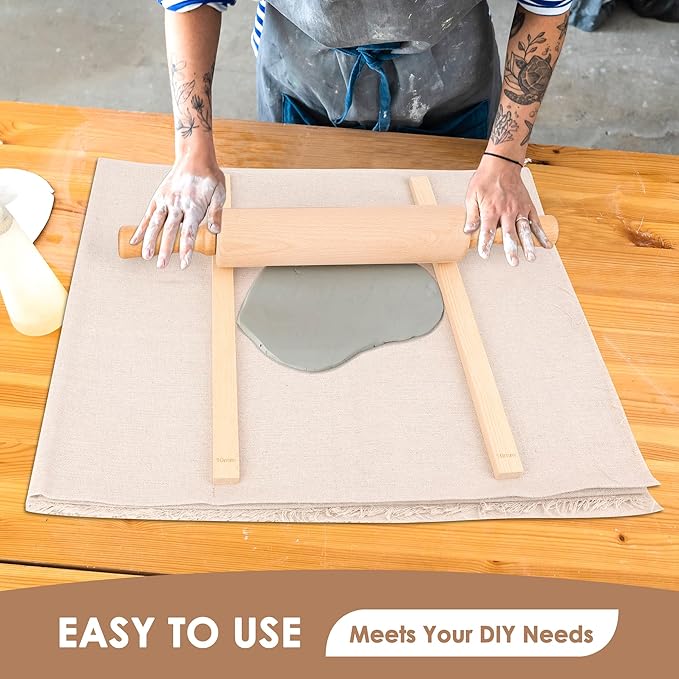 12 Pcs Pottery Tools Set, Include17in Slab Roller for Clay Pottery and 10 Pcs 5 Size Wooden Rolling Pin Guides, 1 Linen Tablecloth for Ceramic Clay Making - Image 4