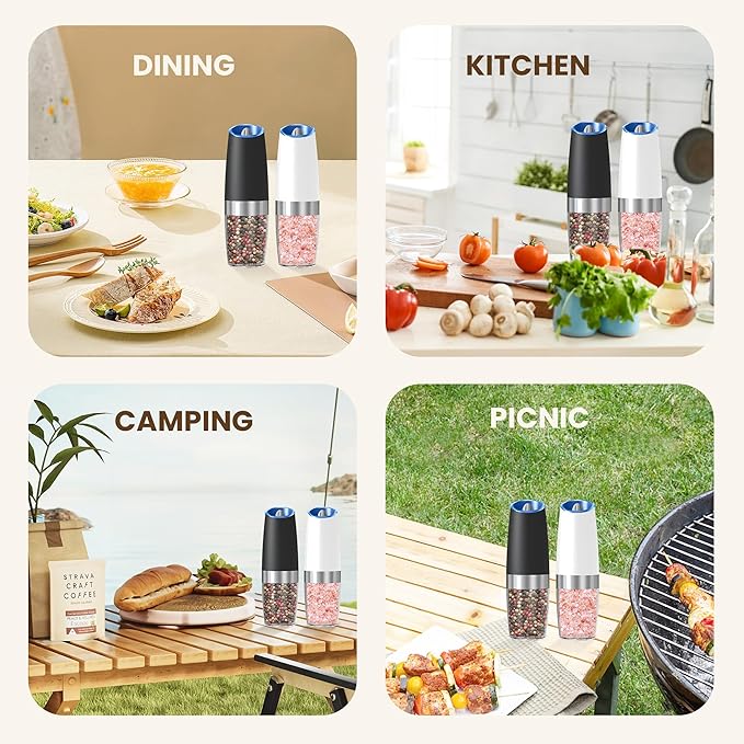 Gravity Electric Salt And Pepper Grinder Set, Automatic Salt And Pepper Grinder Set, Battery Powered (6 AAA Batteries Each), Adjustable Roughness, LED Light, 2 Pack, (Black+White) - Image 7