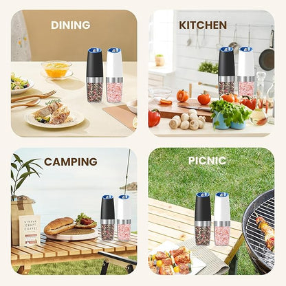 Gravity Electric Salt And Pepper Grinder Set, Automatic Salt And Pepper Grinder Set, Battery Powered (6 AAA Batteries Each), Adjustable Roughness, LED Light, 2 Pack, (Black+White) - Image 7