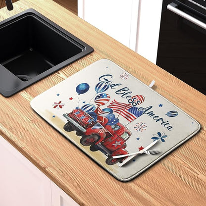 4th of July Drying Mat for Kitchen Counter 16 x 18 US Independence Day Patriotic Truck Dish Drying Mat Polyester American Flag Dish Drainer Mat Super Absorbent Dish Rack Pad for Coffee Bar Sinks - Image 6